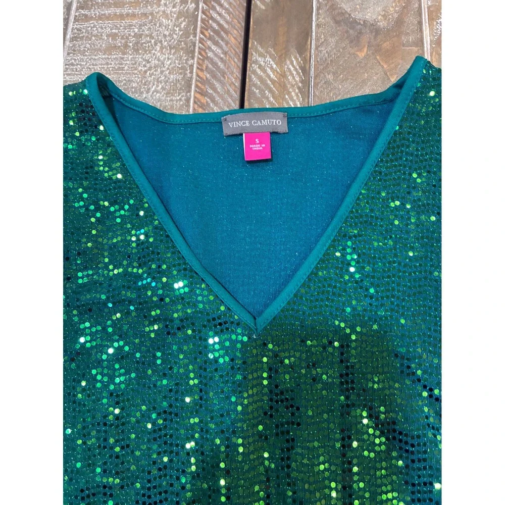 Confetti Ready Luxury Sequin V-Neck Bell Sleeve Disco Top Emerald Green Sm - Picture 3 of 7
